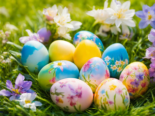 Fototapeta premium Brightly colored Easter eggs scattered among lush green grass and flowers