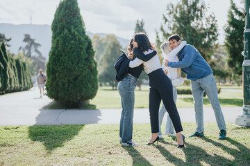 Fototapeta premium Successful Teamwork. Students Collaborating in a Park for University Project.