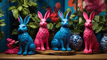 Kolorowe figurki królików w dekoracyjnej aranżacji wnętrza - obrazy, fototapety, plakaty