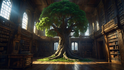 Drzewo wiedzy rosnące w sercu biblioteki - obrazy, fototapety, plakaty