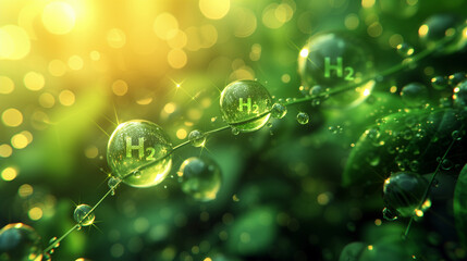 Green energy background. H2 molecules on green backdrop. Hydrogen fuel banner.