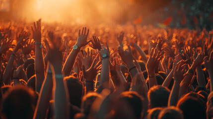 A lively gathering of people raising hands in a sunlit meadow, celebrating with music, dance, and cheerful camaraderie under a clear sky