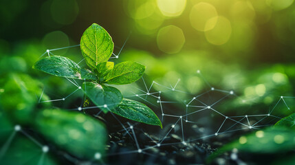 Alternative and renewable green energy production. Eco-friendly background with green leaves and digital glowing lines. ECG concept.