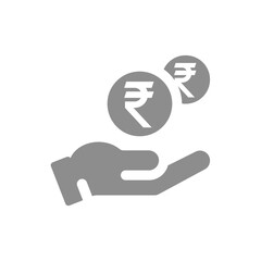 Hand and Indian rupee vector icon. Rupees coin, finance and money symbol.