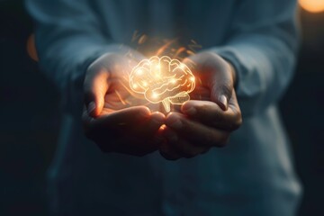 A close-up of a person s hands holding a glowing brain shaped light bulb, representing innovative ideas - obrazy, fototapety, plakaty