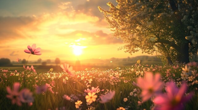 A high-definition image of a picturesque Easter sunrise, casting a warm glow over a tranquil meadow filled with blooming flowers