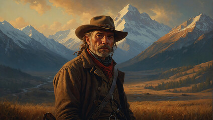 Portret kowboja na tle majestatycznych gór