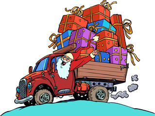 Worldwide gift delivery from best service. The atmosphere of December and the upcoming holidays. Santa Claus is driving his car with gifts and waving.