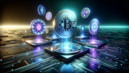 Tokenized Assets Floating in Futuristic Digital Space with Vibrant Colors and Dramatic Lighting.