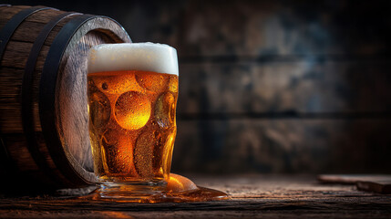 Beer glass resting on a wooden table with a frothy ale, creating a refreshing scene in a cozy pub atmosphere