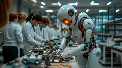 Robotics laboratory, an image capturing a humanoid robot being assembled by engineers