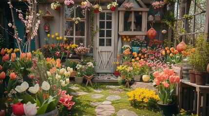 Fototapeta na wymiar A picturesque garden filled with blooming flowers and Easter decorations, creating a serene and festive atmosphere