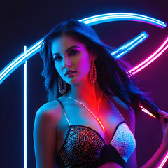 Women fashion model with neon background