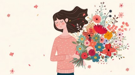 International women's day postcard. Greeting 8 march card. Girl power and independence concept. Holiday art illustration. Flower season banner. White background. Activists movement. Female poster.