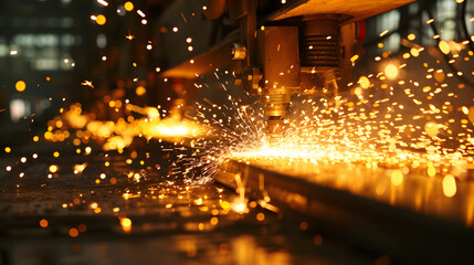 Industrial Sparkscape: Enter a realm of industrial marvel with a closeup showcasing a factory floor alive with sparks, their brilliance juxtaposed against the industrial lights.