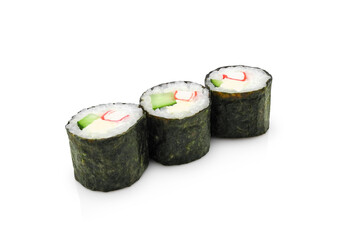 Simple homemade sushi roll, three pieces with cucumber, crab stick and soft cheese, isolated on white background  