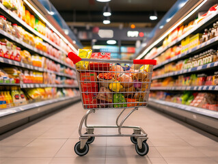Grocery cart in a supermarket with fruit on racks