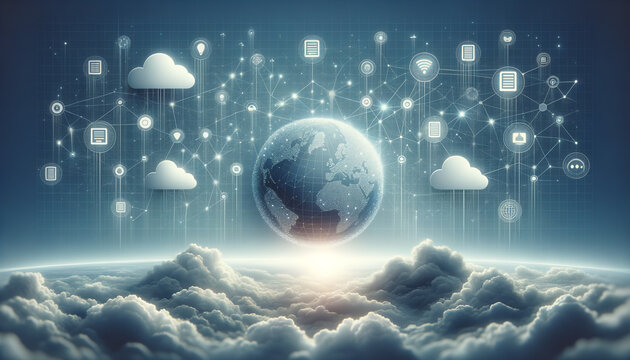 Minimalist digital interface with symbolic content delivery network elements in cool, muted tones.