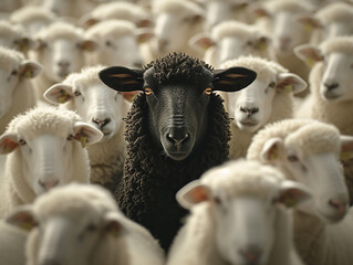 Una pecora nera in mezzo a un gregge di pecore bianche, che alza la testa come un leader - Concetto di distinguersi dalla massa, di essere diverso e unico con una propria identità e abilità speciali 