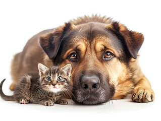 cane grosso e gatto in posa, amicizia tra animali domestici, sfondo bianco scontornabile - obrazy, fototapety, plakaty