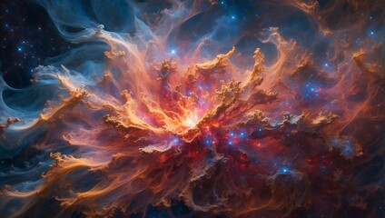 A  nebula , characterized by its distinct swirling patterns  in vibrant hues of gold  and crimson.