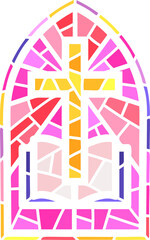 Church glass window. Stained mosaic catholic frame with religious symbol cross and book of the Bible