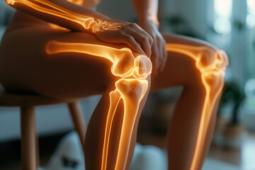 Knee pain, joint inflammation, bone fracture, woman suffering from osteoarthritis, leg injury - obrazy, fototapety, plakaty