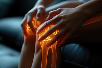 Knee pain, joint inflammation, bone fracture, woman suffering from osteoarthritis, leg injury - 727874635