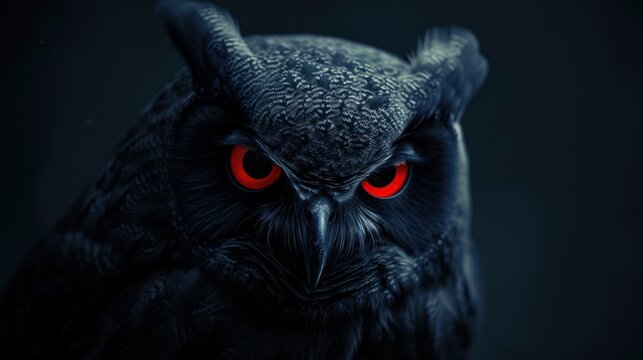 The sharp gaze of a black owl with spooky red eyes AI generated image