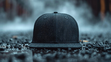 Black baseball cap, snapback on a black background. Mock up design. - obrazy, fototapety, plakaty