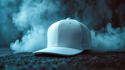 White baseball cap, snapback on a black background. Mock up design. - obrazy, fototapety, plakaty