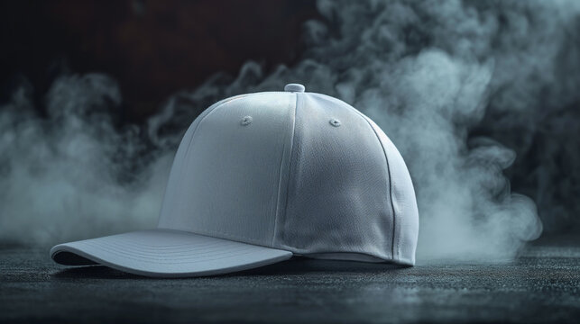White baseball cap, snapback on a black background. Mock up design.