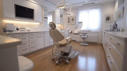 Dental equipment in dentist office in new modern stomatological clinic room. Background of dental chair and accessories used by dentists in blue, medic light. Copy space, text place - obrazy, fototapety, plakaty