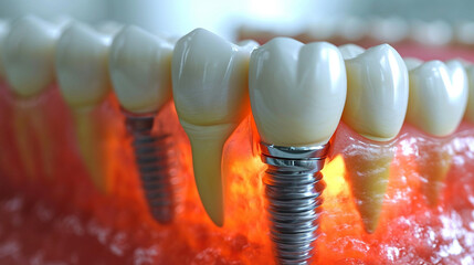 Educational model with post of dental implant between teeth and crowns on table indoors