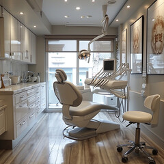 Dental equipment in dentist office in new modern stomatological clinic room. Background of dental chair and accessories used by dentists in blue, medic light. Copy space, text place