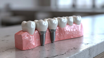 Educational model with post of dental implant between teeth and crowns on table indoors