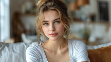 Closeup portrait of young happy woman looking in camera