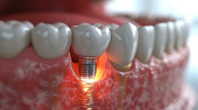 Educational model with post of dental implant between teeth and crowns on table indoors