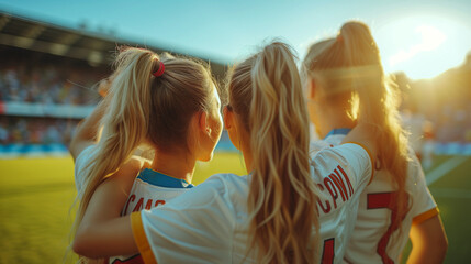 Women's soccer team celebrating a goal. Girls of a soccer team happy for the victory of a match. 