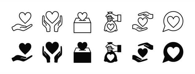 Charity and donation thin line icon set. Containing help, give, care, support, love, box, social. Vector illustration