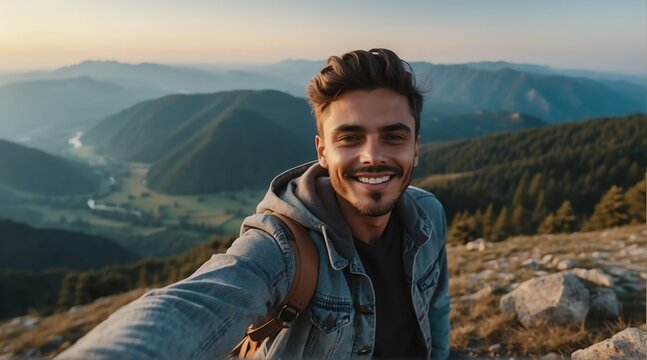 Selfie picture of a beautiful young influencer guy on top of a mountain smiling at camera from Generative AI