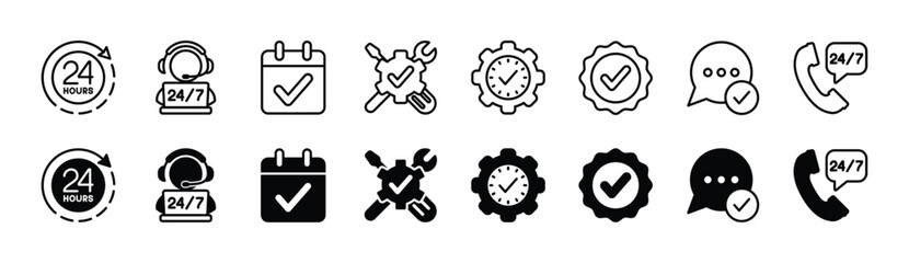 Available service and support icon set. Containing 24 hours, contact call center, calendar, technical assistance, time management, help desk, chat communication. Vector illustration - obrazy, fototapety, plakaty