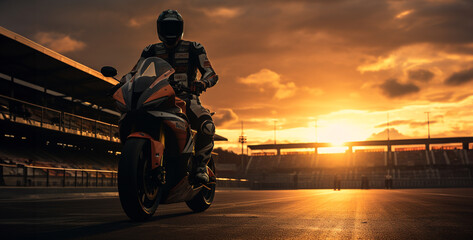 Motorcycle rider on the road at sunset.3d rendering.Silhouette of a motorcyclist riding a sport...