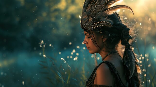 Beautiful female model with feather decoration on top of head AI generated image