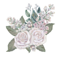 Watercolor bouquets of white roses, green leaves, lilac, eucalyptus in pastel palette in vintage style for wedding, Women's Day, Valentine's Day for template, clipart, wallpaper, scrapbooking, bouquet