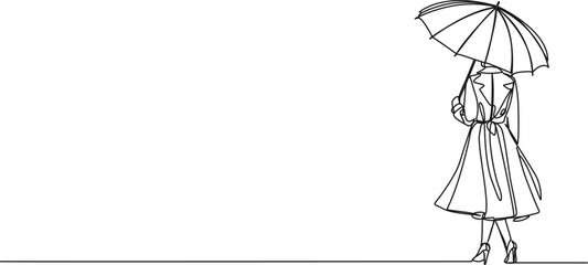 continuous single line drawing of woman wearing summer coat holding an umbrella, line art vector illustration