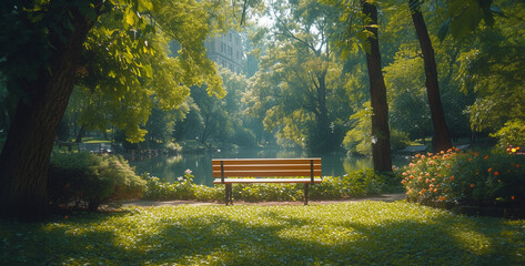 Park bench in the morning light with trees and flowers in the foreground.Sunset in the park with bench and green grass in the foreground