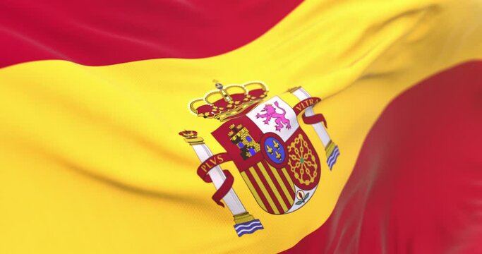 Realistic Spain Flag Waving In The Wind. Slow Motion Spain Flag Close Up. Seamless Loop Animation.