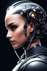 3D illustration of science fiction female humanoid cyborg lost in futuristic neon lit cyberpunk city.