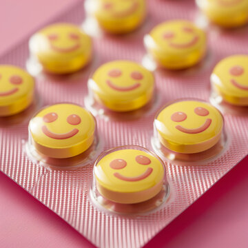 Yellow smiley round pills, pill tab packaging,drug, antidepressant concept, depression, smiley face,Optimistic, forced to smile